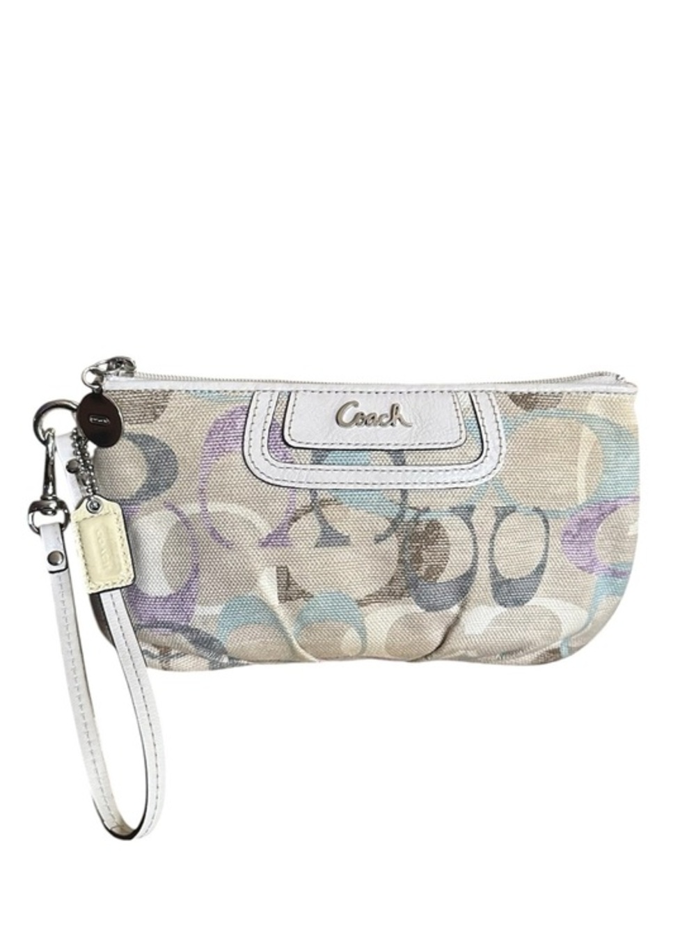 Coach Signature Pastel Canvas Wristlet Wallet White Leather Zip Clutch EUC